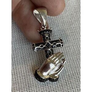 YGI 925 Sterling Silver Cross With Praying Hands Pendant Black Stones Vintage